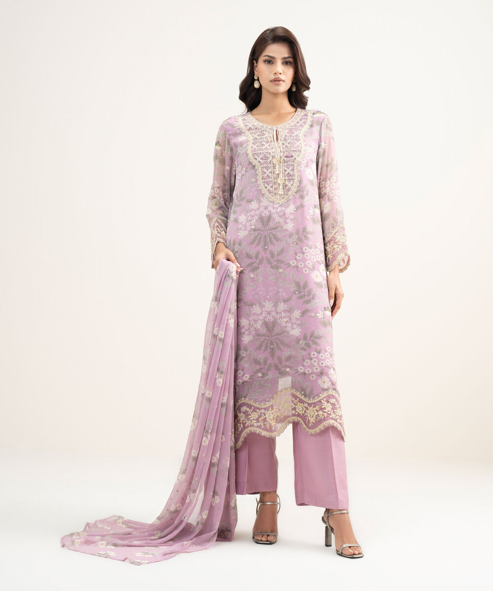 Women's RTW Blended Chiffon Embroidered Light Purple 3 Piece Suit