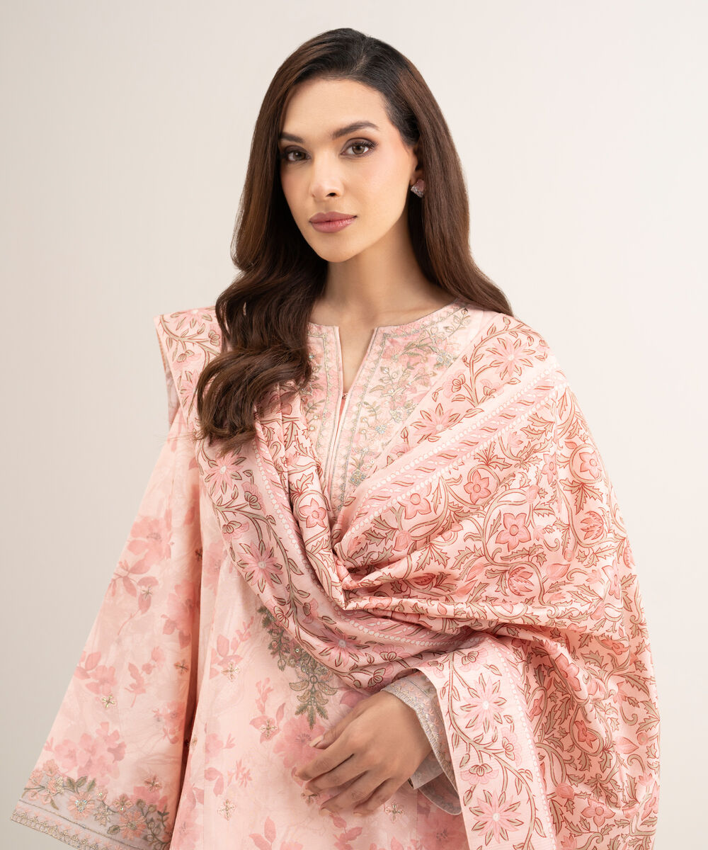 Women's Unstitched Raw Silk Embroidered Pink 3 Piece Suit