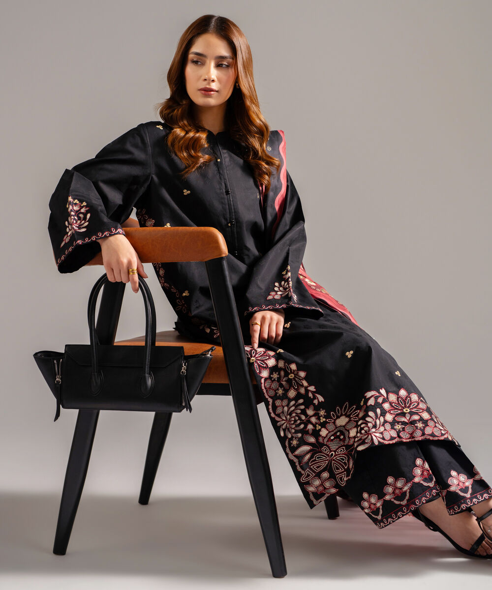Women's RTW Self Jacquard Embroidered Black 3 Piece Suit