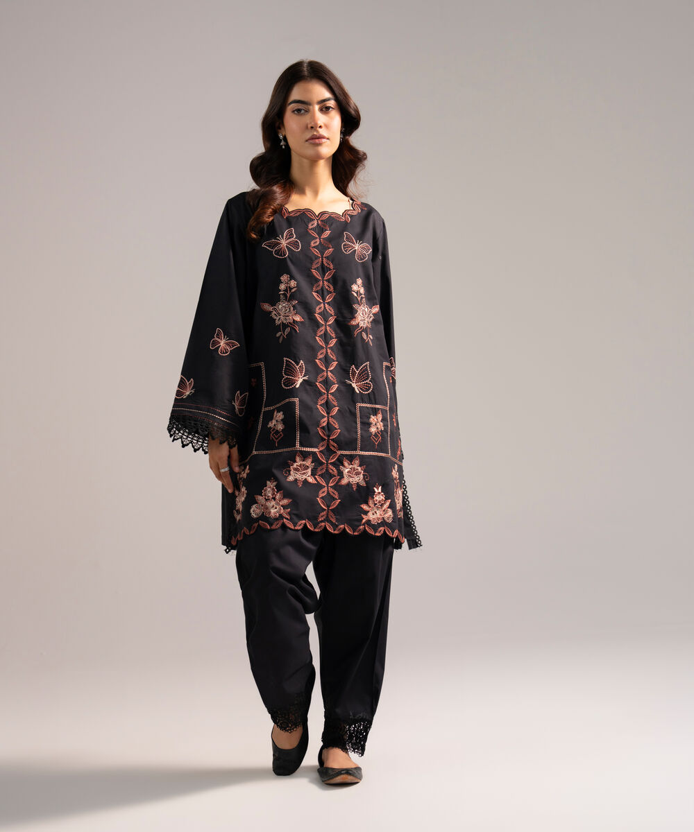 Women's RTW Cotton Viscose Embroidered Black Straight Shirt