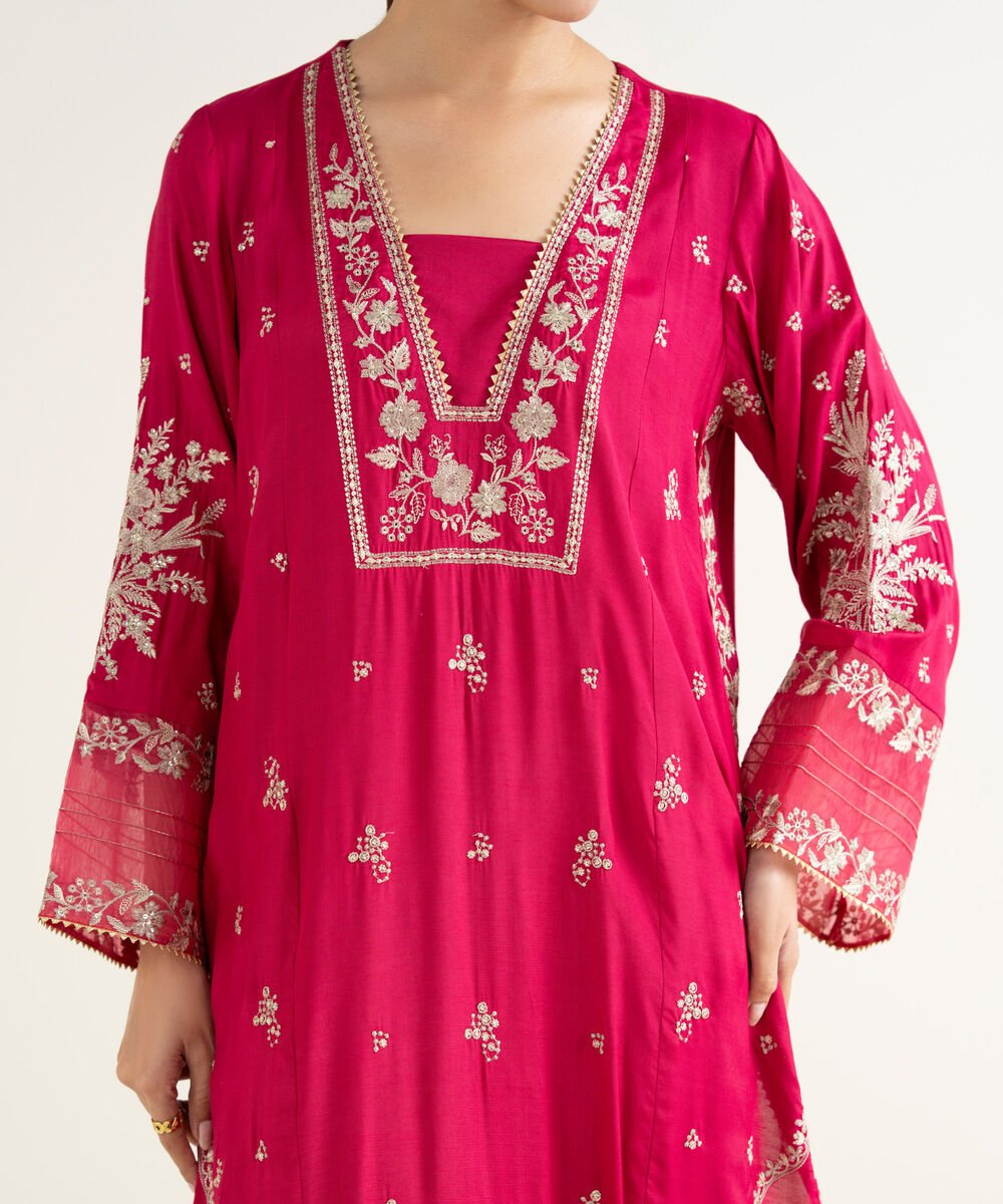 Women's RTW Viscose Raw Silk Embroidered Pink 2 Piece Suit