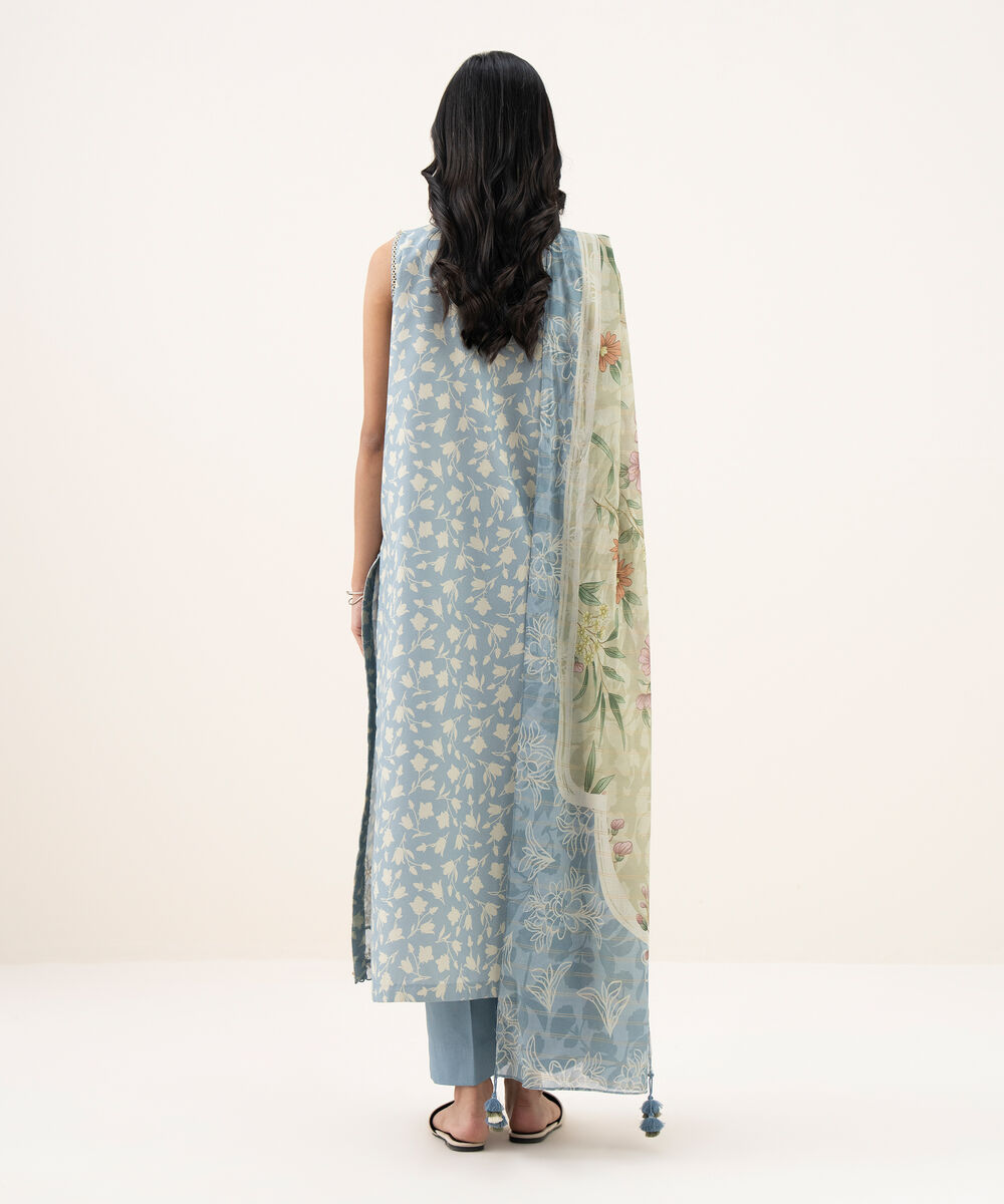 Women's Unstitched Zari Lawn Embroidered Blue 3 Piece Suit