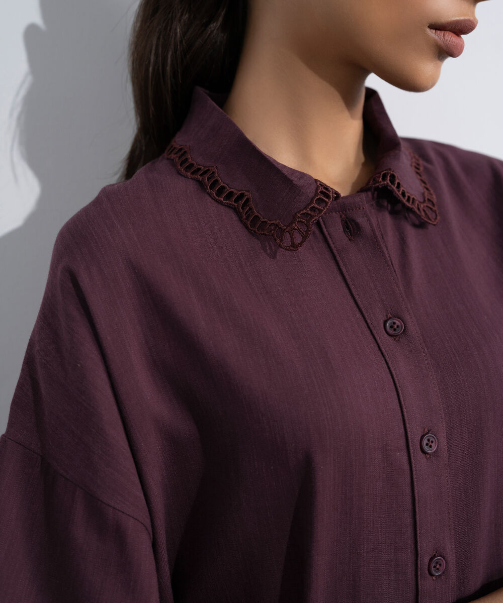 Women's Western Maroon Regular-Fit Shirt With Lace Trims