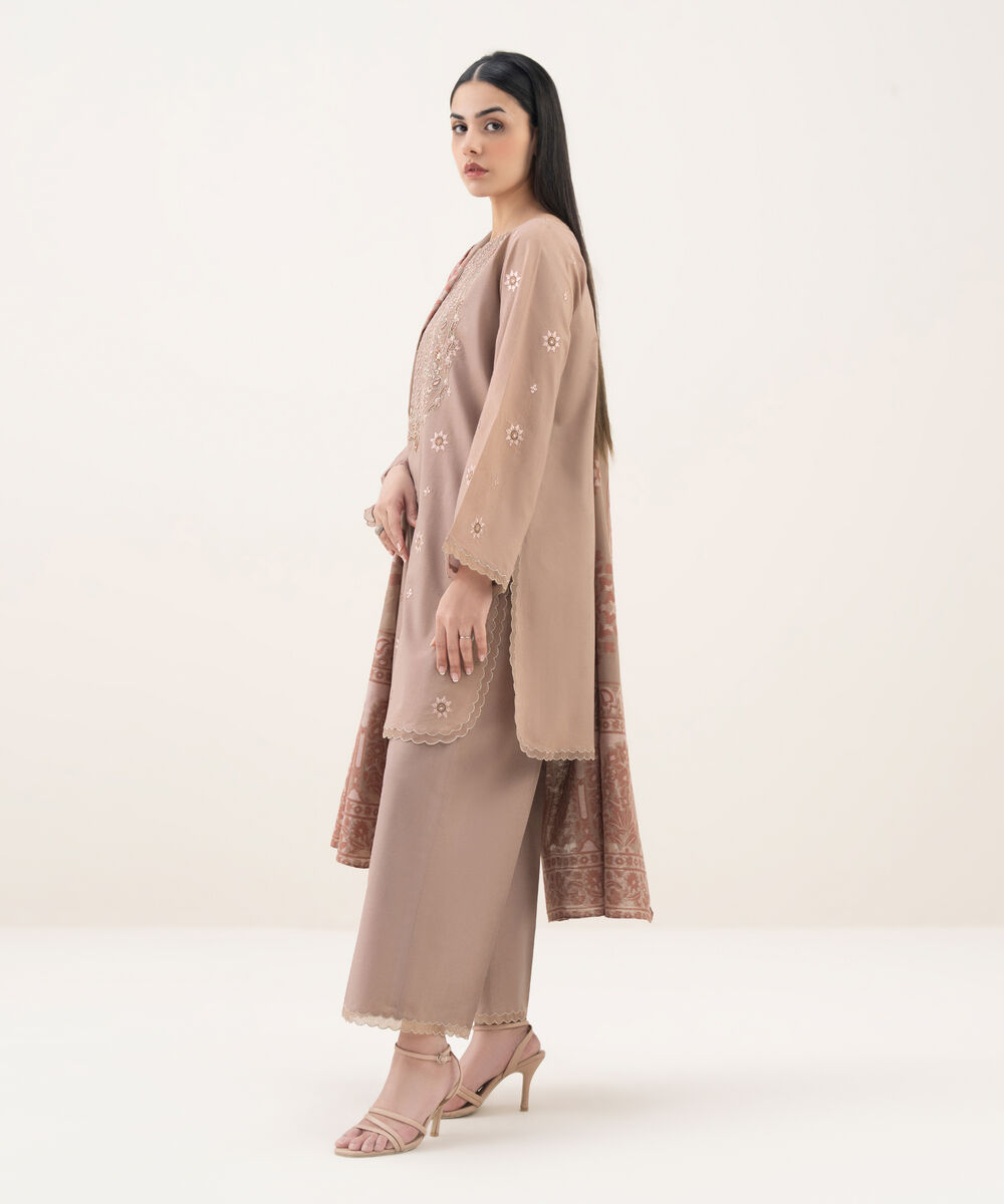 Women's Unstitched Cotton Embroidered Pink 3 Piece Suit