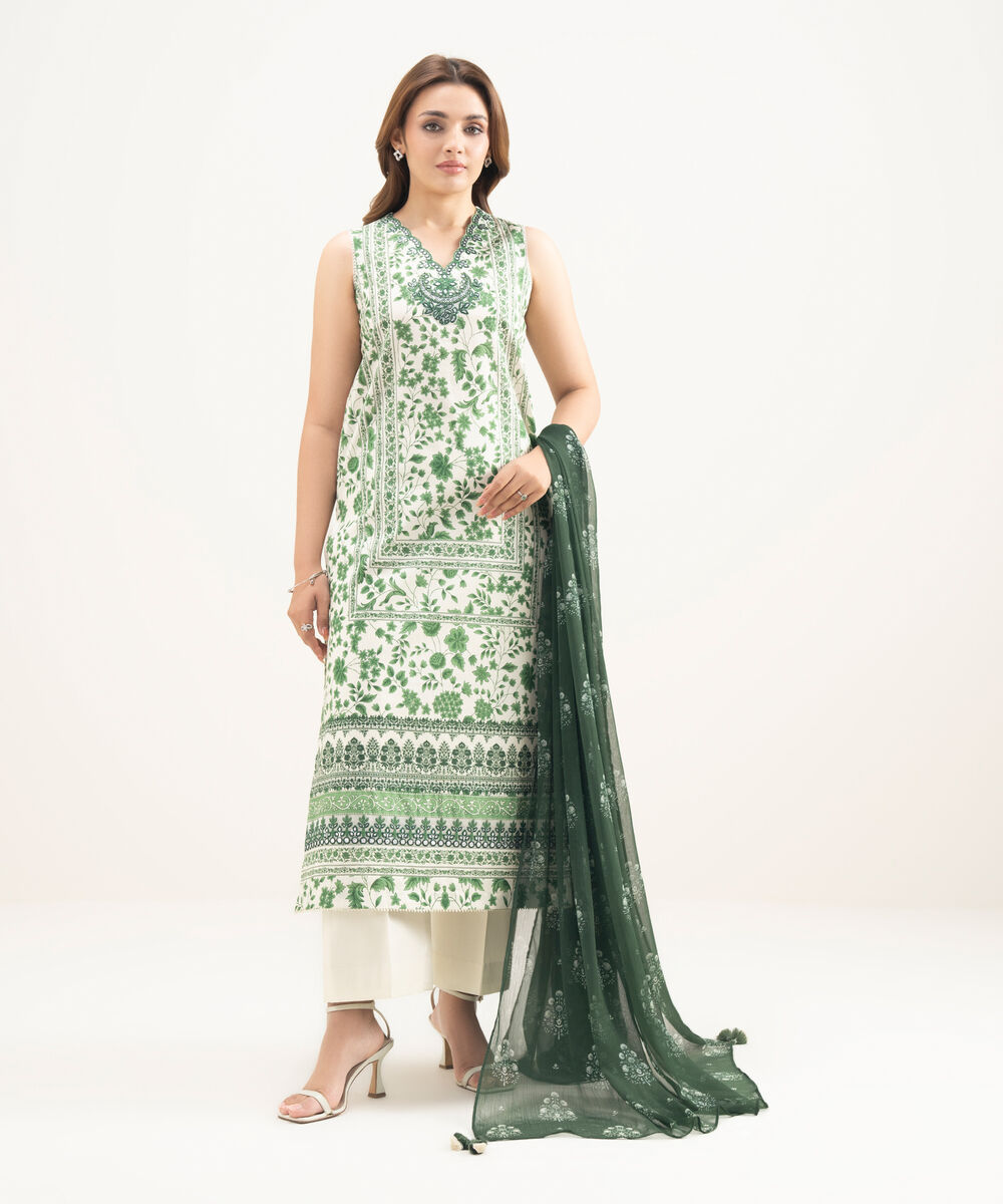 Women's Unstitched Lawn Embroidered Green 3 Piece Suit