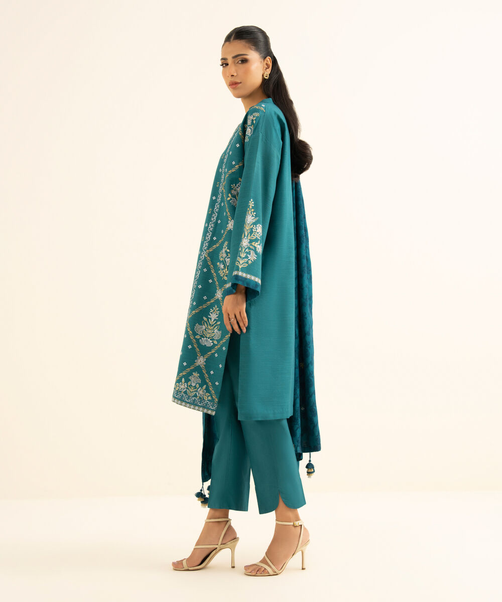 Women's Unstitched Cotton Embroidered Green 3 Piece Suit