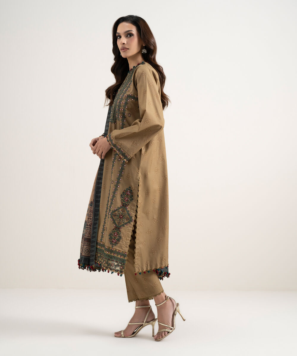 Women's Unstitched Lawn Embroidered Brown 3 Piece Suit