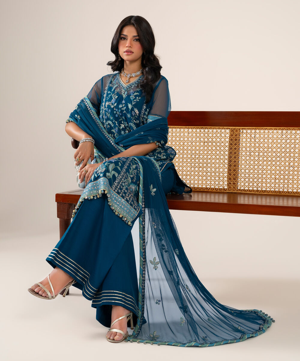 Women's Unstitched Net Embroidered Teal Green 3 Piece Suit