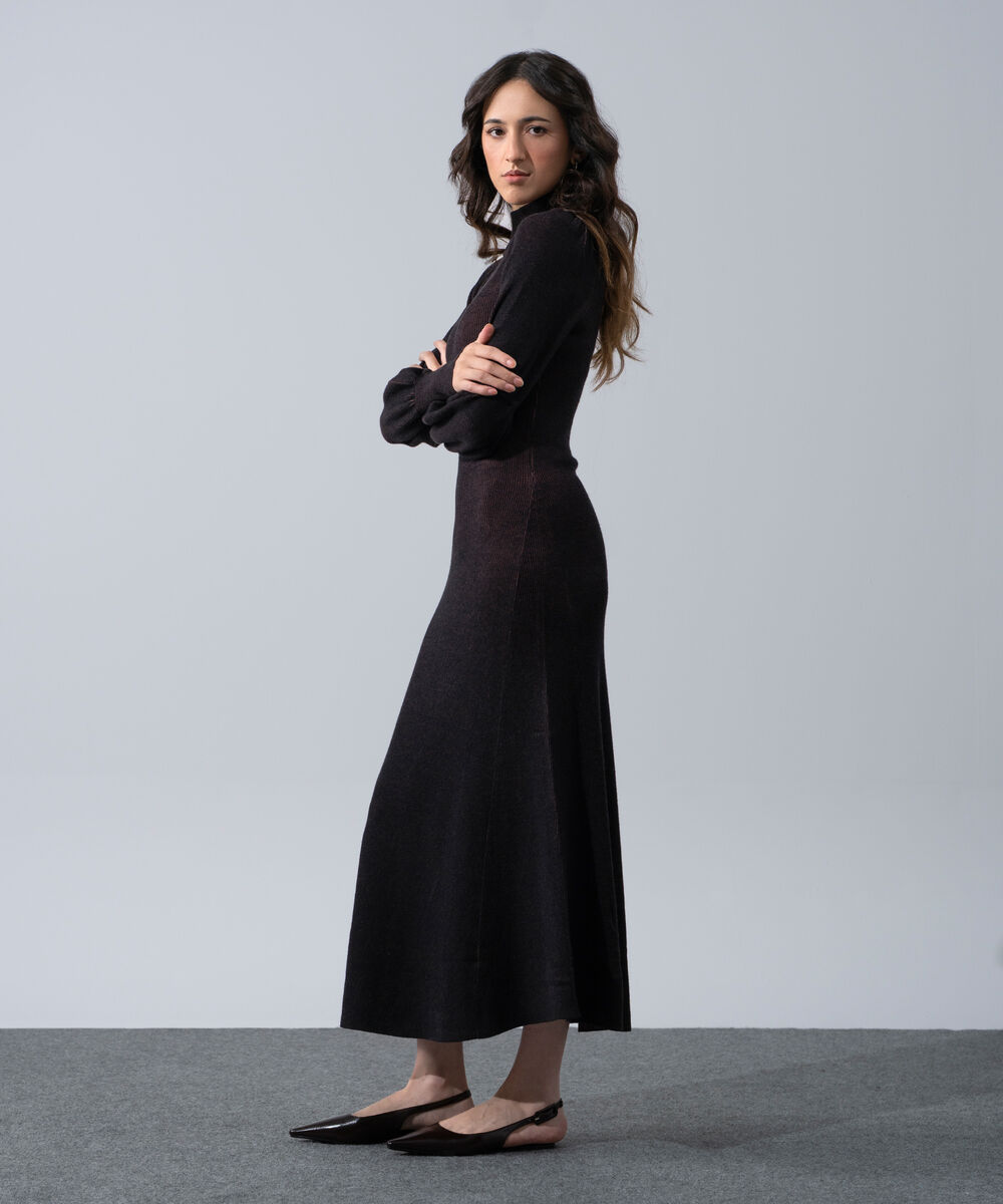 Women's Western Wear Brown Two-Tone Ribbed Knit Dress