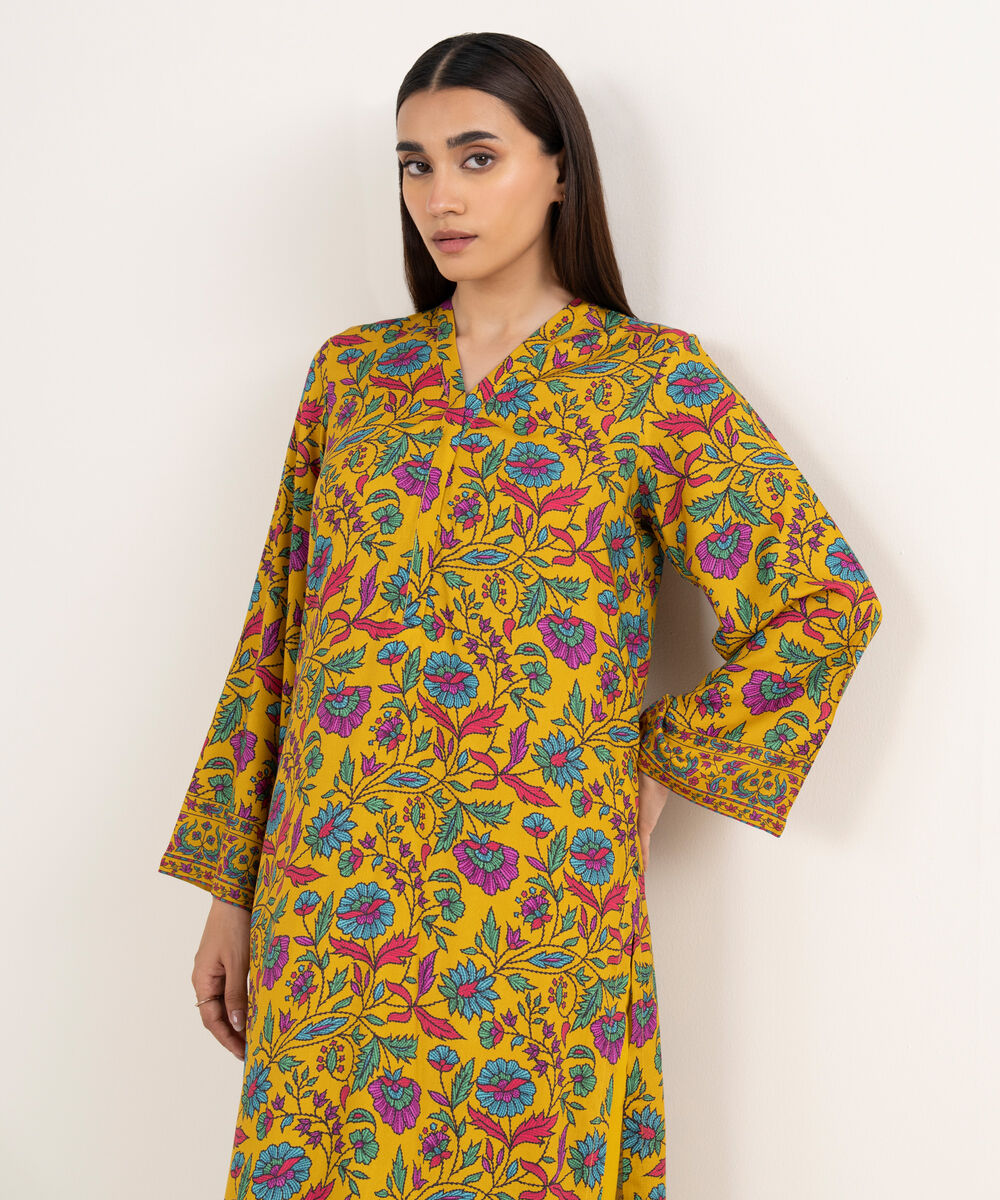 Women's RTW Arabic Lawn Mustard Printed Straight Shirt