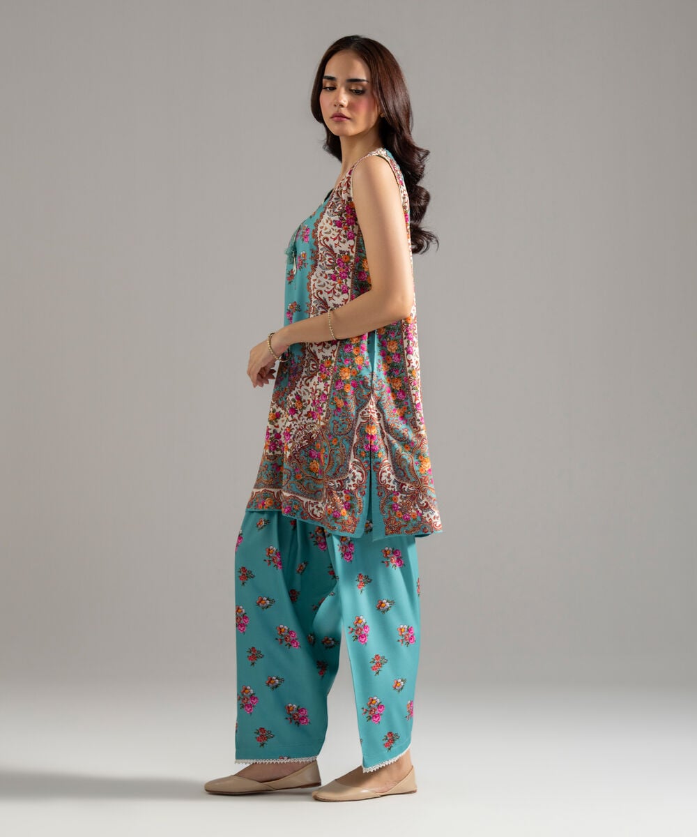 Women's RTW Arabic Lawn Printed Seaform Green Straight Shirt