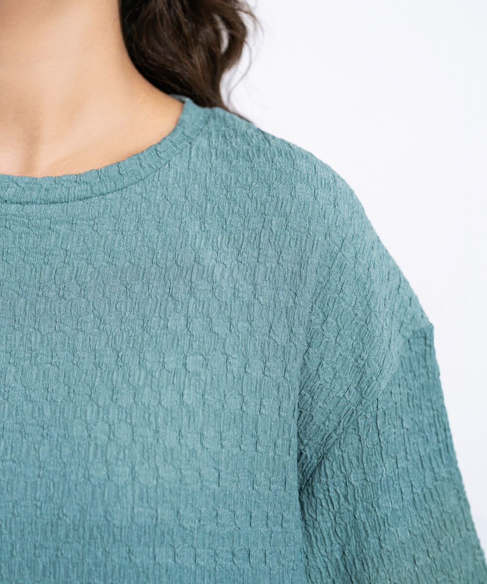 Women's Teal Green Loose Fit Textured T-Shirt