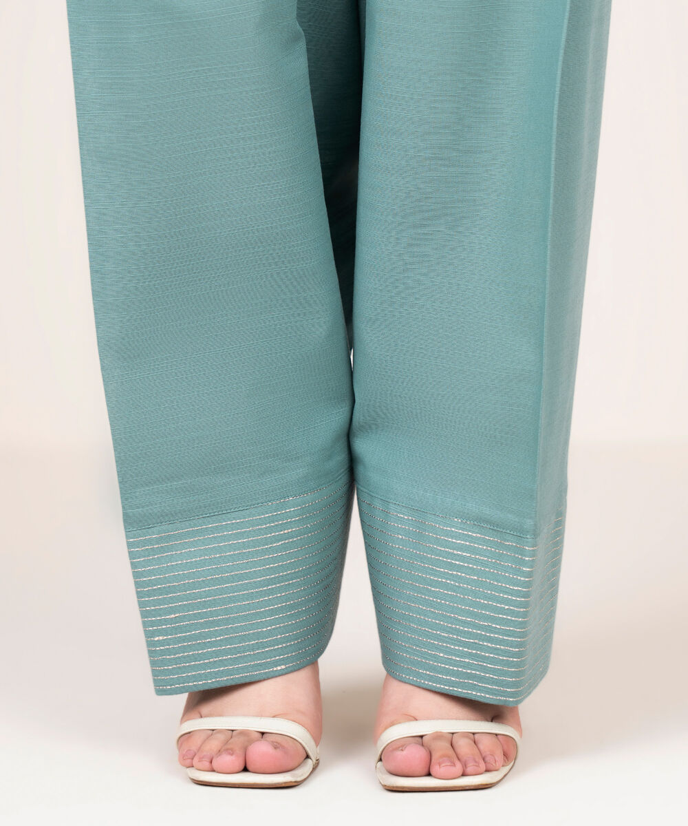 Women's RTW Cotton Embroidered Blue Farshi Shalwar