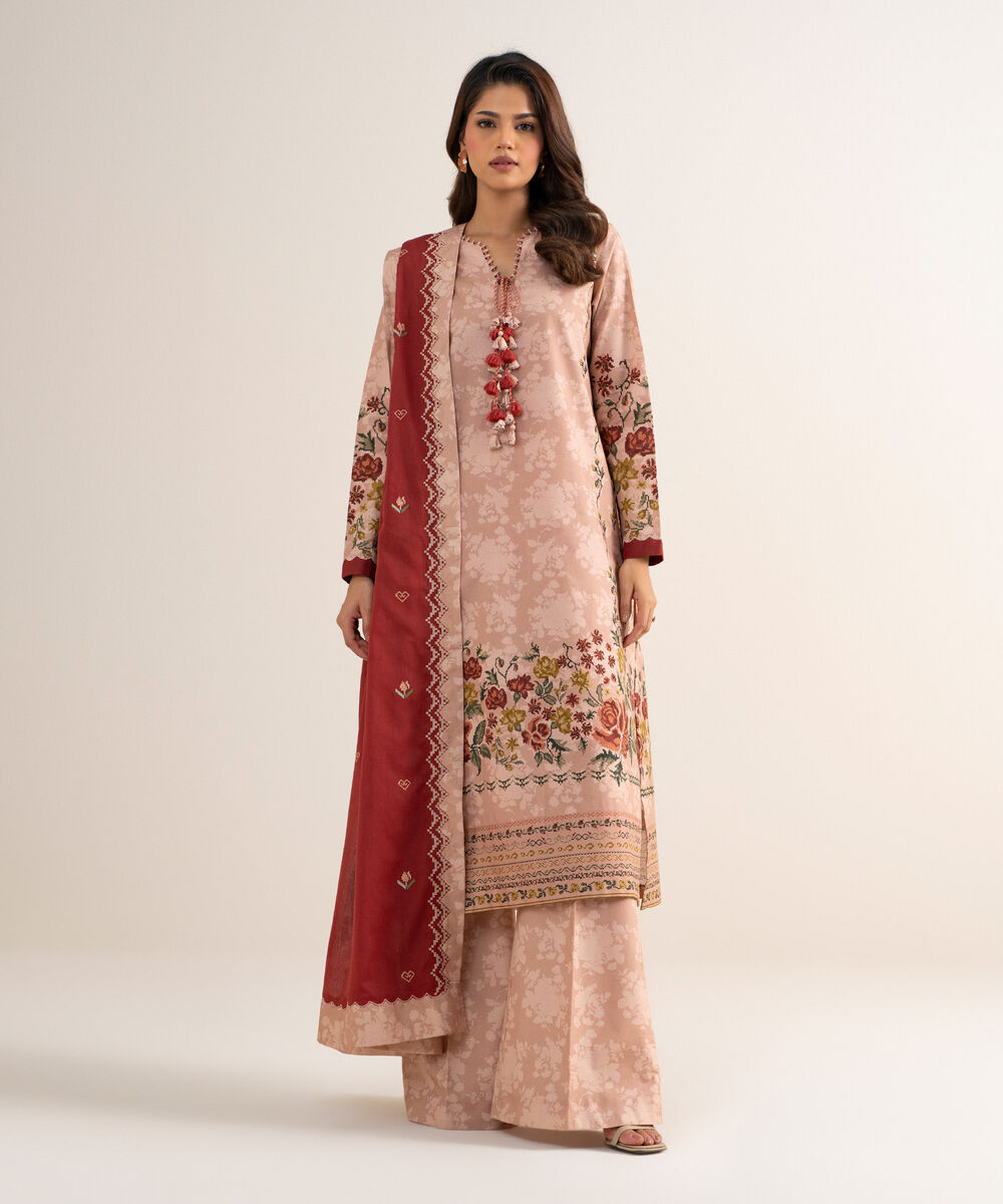 Women's Unstitched Cotton Embroidered Pink