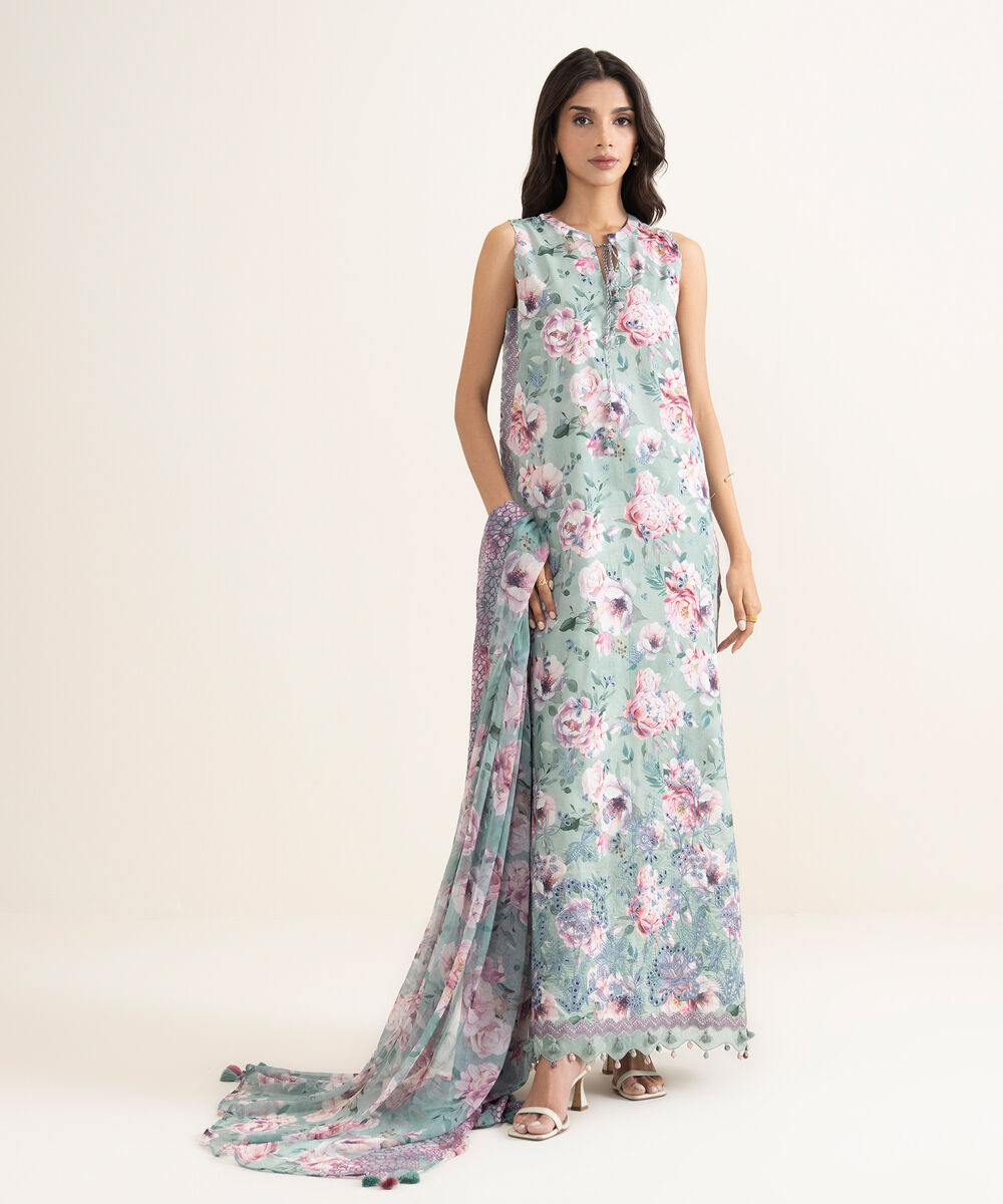 Women's Unstitched Lawn Embroidered Blue 3 Piece Suit