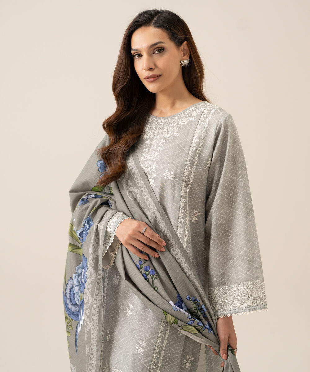Women's Unstitched Light Khaddar Embroidered Grey 3 Piece Suit
