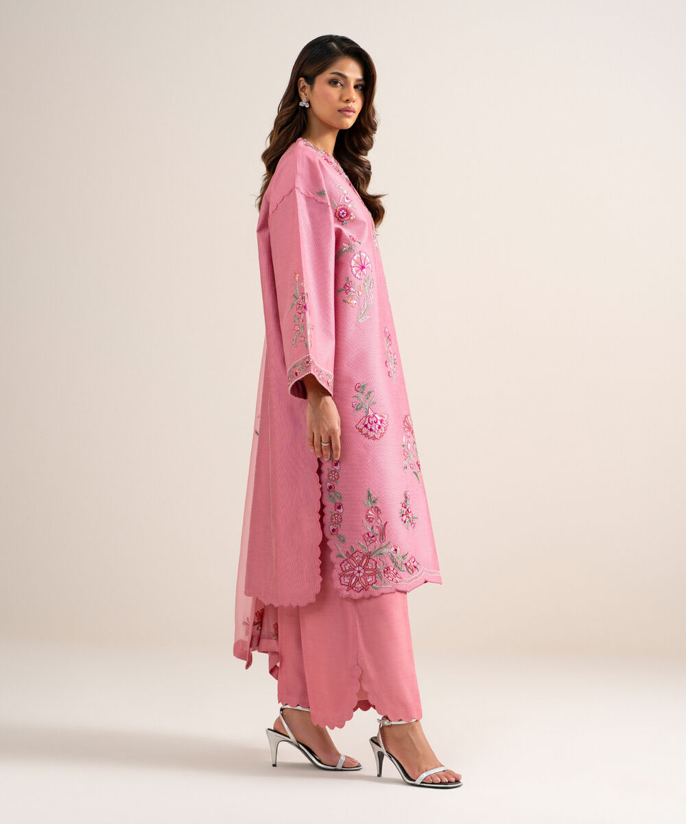 Women's Unstitched Cotton Net Embroidered Pink 3 Piece Suit