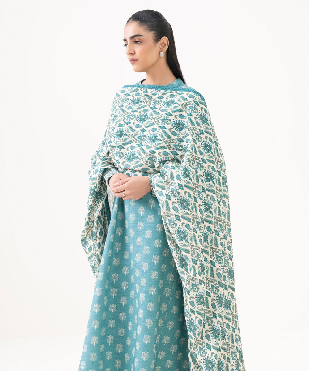 Women's Unstitched Khaddar Printed Blue 3 Piece Suit