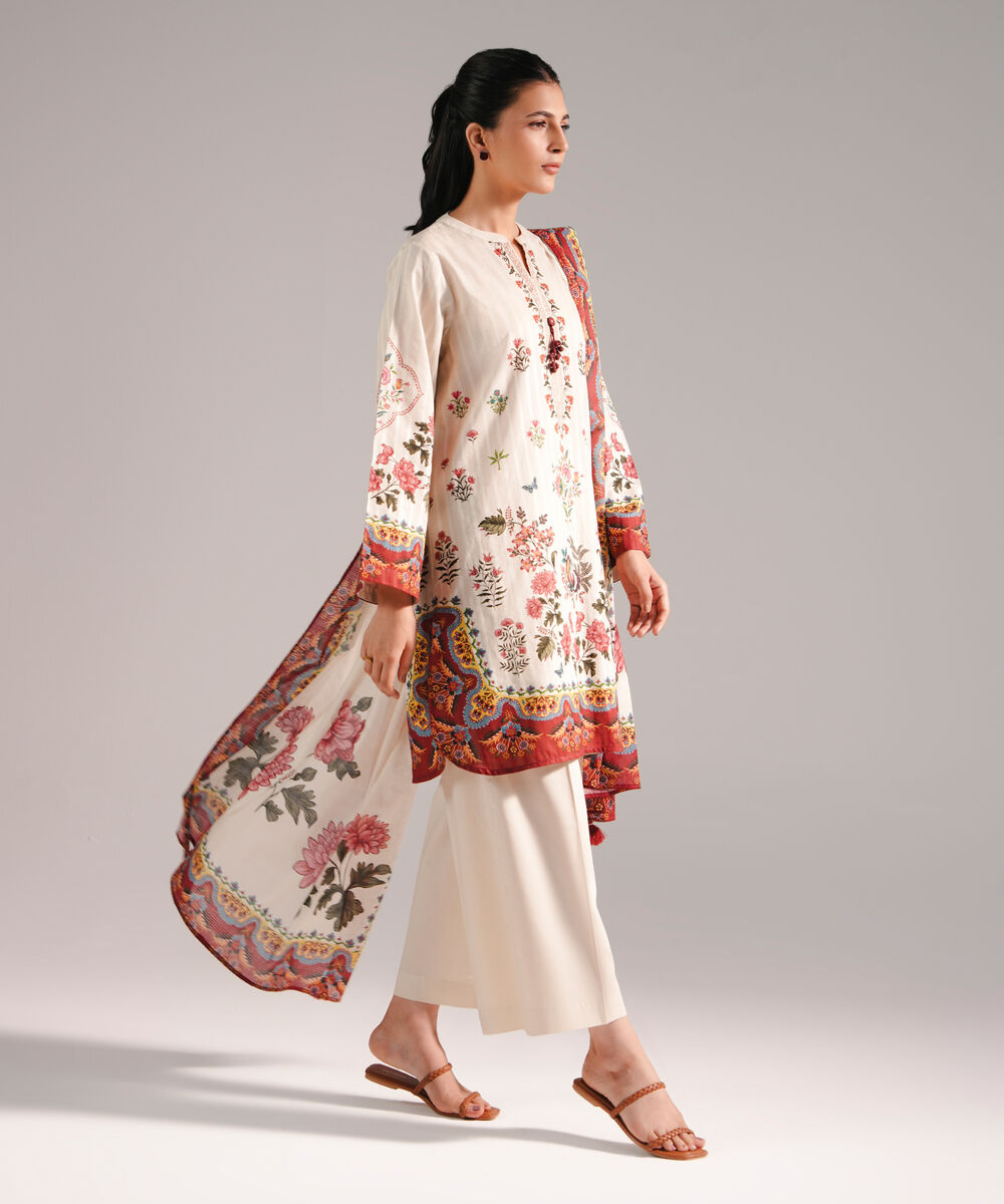 Women's RTW Leno Kara Printed Beige 3 Piece Suit