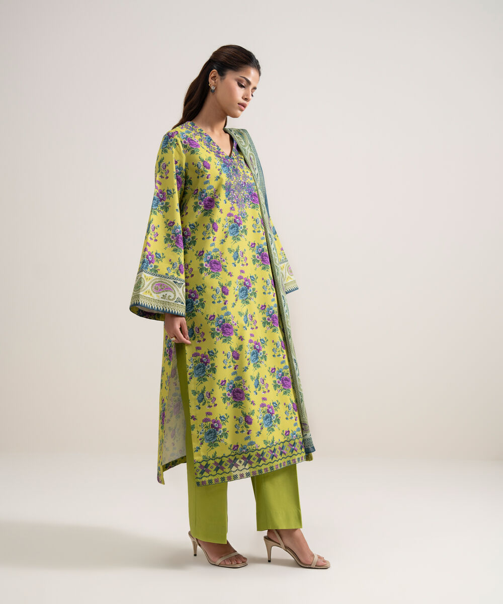 Women's Unstitched Lawn Embroidered Parrot Green 3 Piece Suit