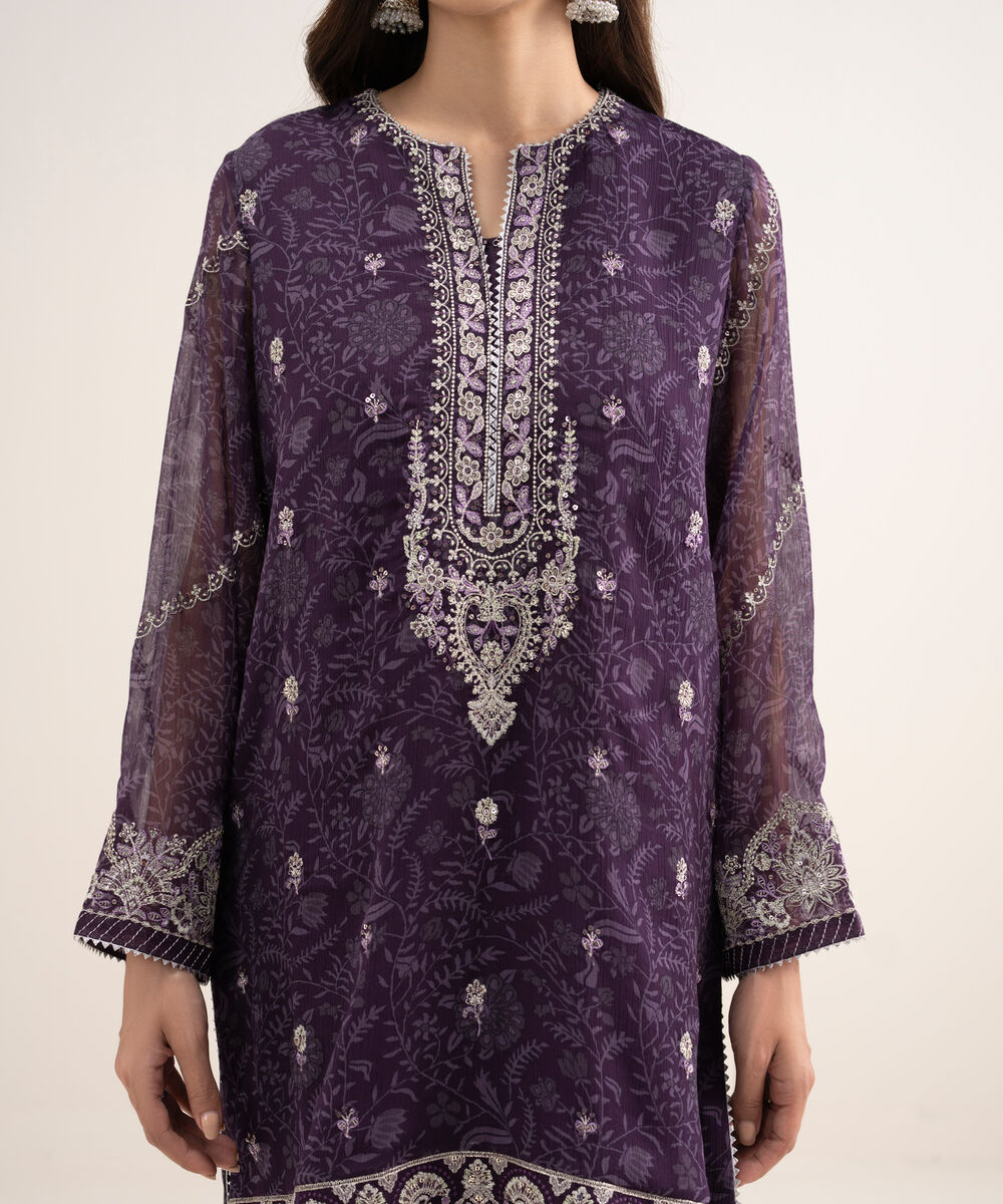 Women's Unstitched Blended Chiffon Embroidered Purple 3 Piece Suit