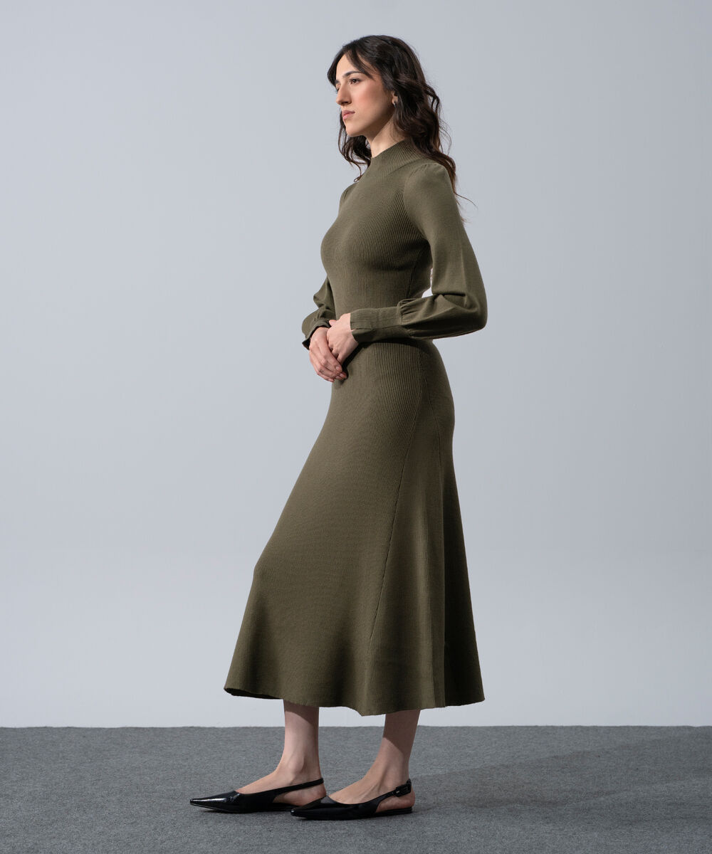 Women's Western Wear Green Ribbed Knit Dress