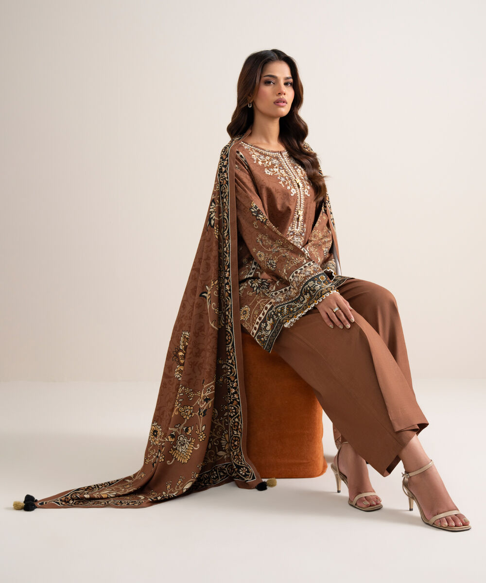 Women's Unstitched Printed Cotton Viscose Rust 3 Piece Suit