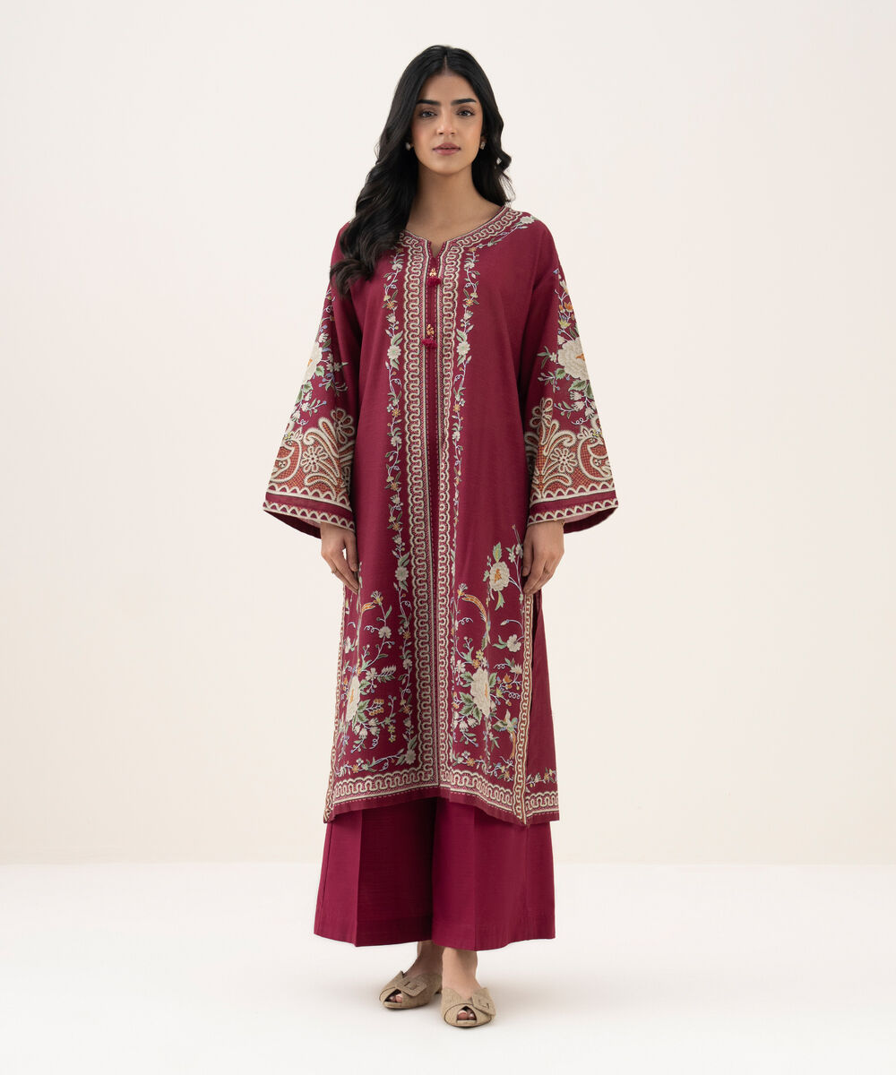 Women's RTW Khaddar Printed A-Line Pink Shirt
