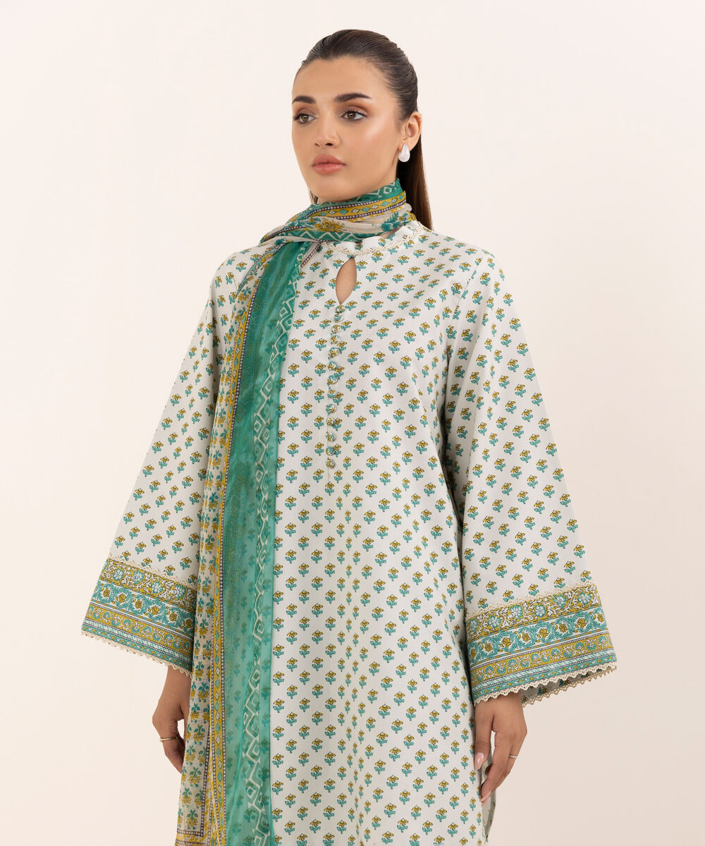 Women's Unstitched Cotton Printed Off White Three Piece Suit