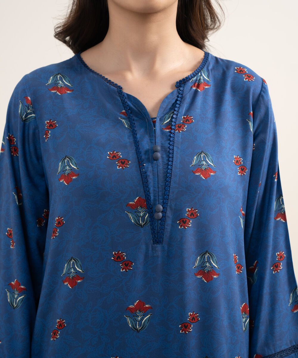 Women's RTW Arabic Lawn Printed Dark Blue Straight Shirt
