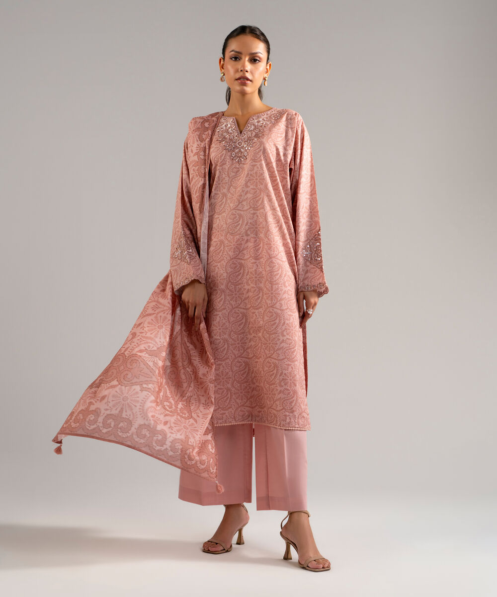 Women's RTW Slub Lawn Embroidered Pink 3 Piece Suit
