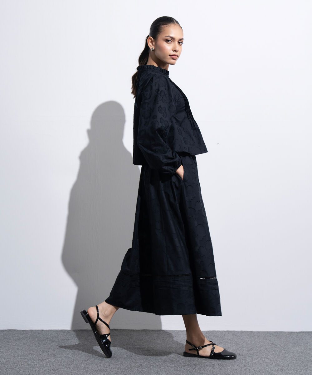 Women's Western Black Textured Blouse With Puffed Sleeves