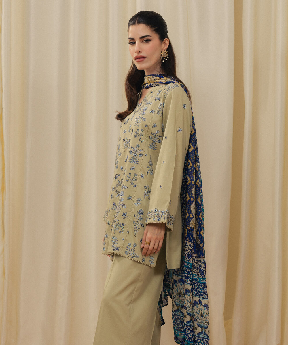 Women's RTW Dobby Embroidered Green 3 Piece Suit