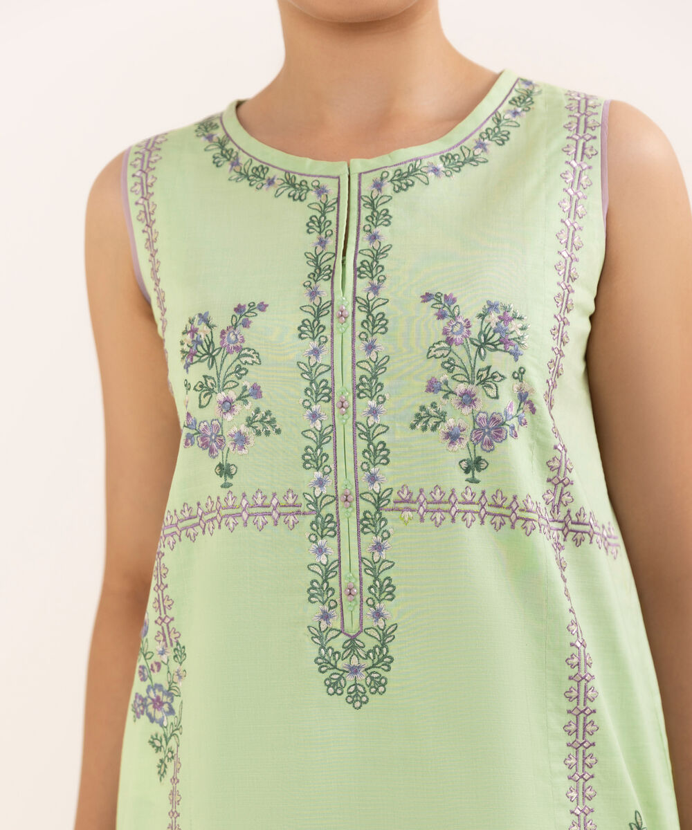 Women's Unstitched Cotton Embroidered Green Two Piece Suit