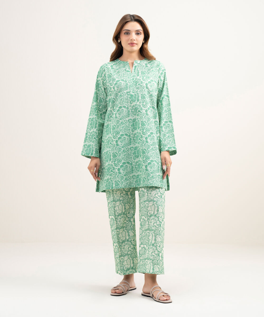 Women's RTW Seersucker Printed Green Straight Shirt