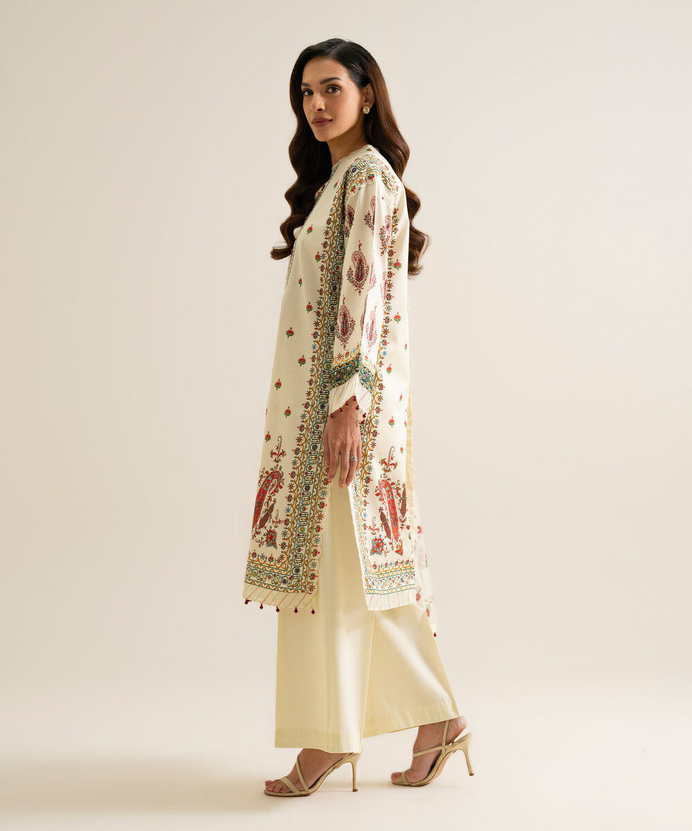 Women's Unstitched Blended Chiffon Printed Ivory 3 Piece Suit