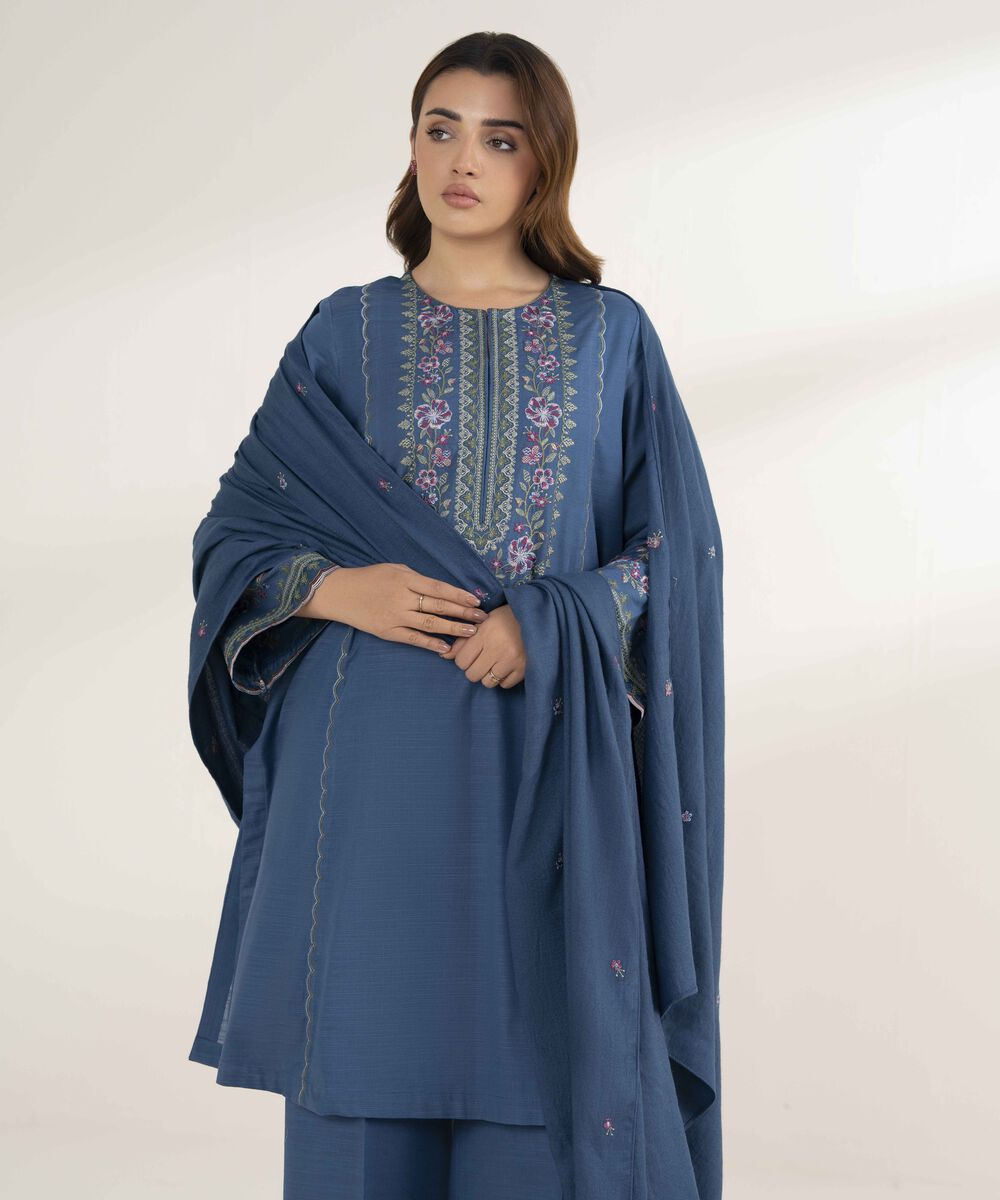 Women's Unstitched Embroidered Khaddar Teal Blue 3 Piece Suit