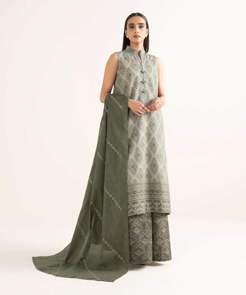 Women's Unstitched Cross Hatch Embroidered Beige 3 Piece Suit