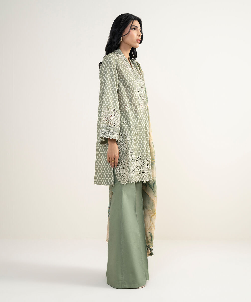 Women's Unstitched Cotton Jacquard Embroidered Green 3 Piece Suit