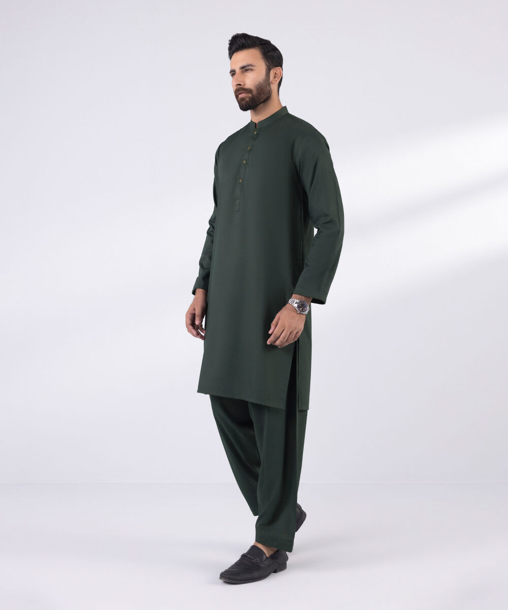 Men's Blended Stitched Plain Green Kurta