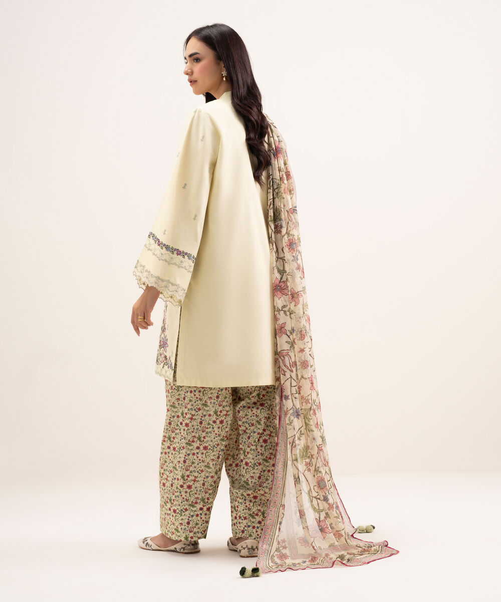 Women's Unstitched Textured Lawn Embroidered Off White 3 Piece Suit