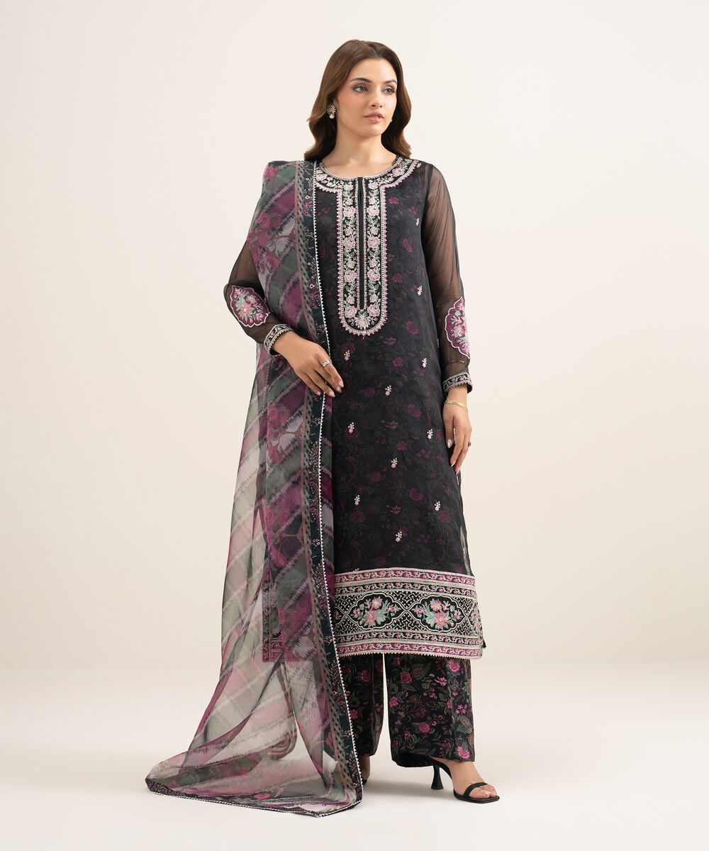 Women's RTW Blended Organza Embroidered Black 3 Piece Suit