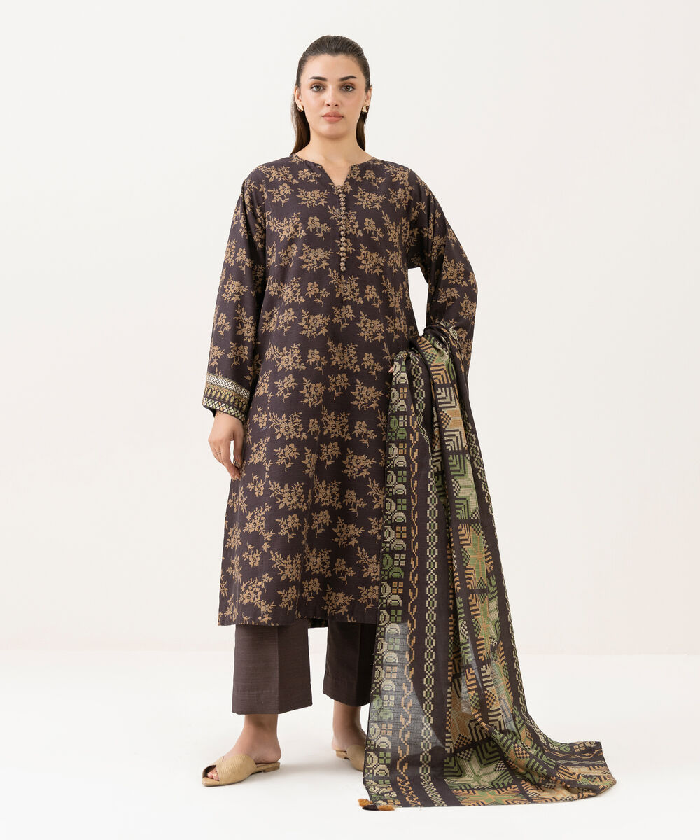 Women's Unstitched Khaddar Printed Brown 3 Piece Suit