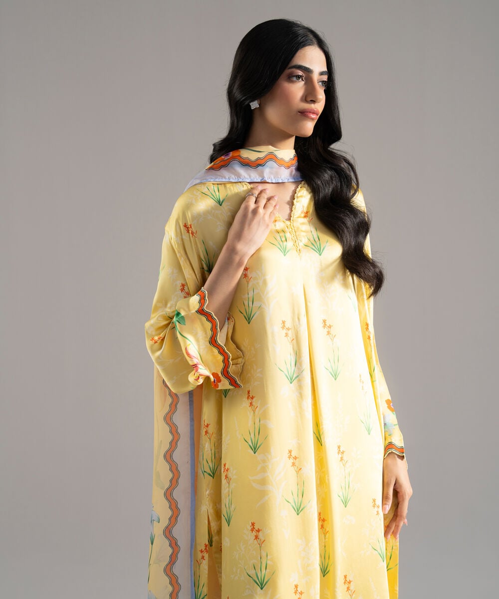 Women's RTW White Featheer Chamoz Printed Pale Yellow 3 Piece Suit