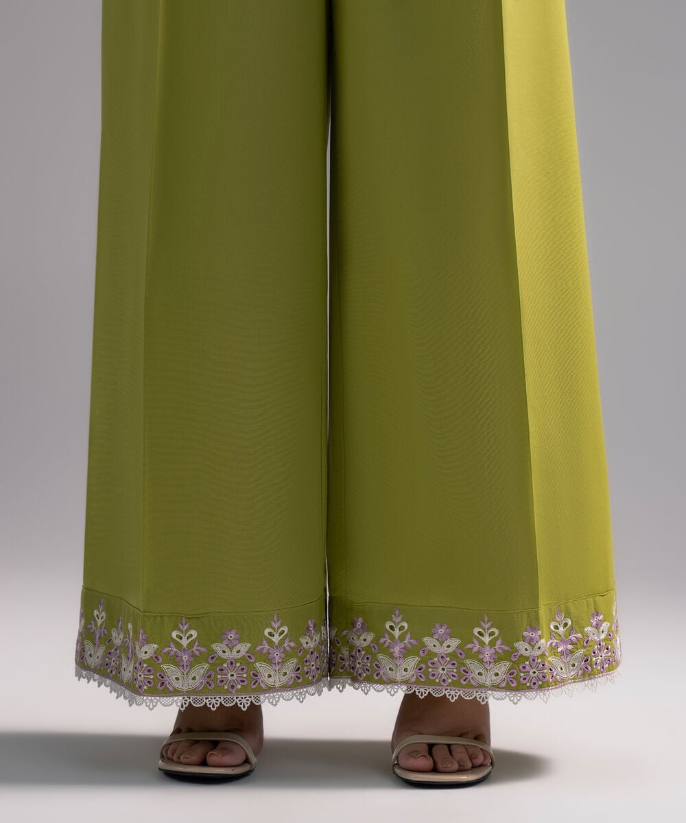 Women's RTW Cambric Embroidered Green Flared Pants