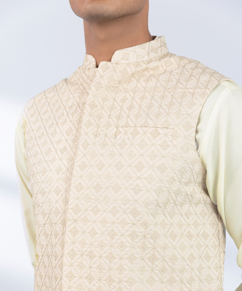 Men's Stitched Embroidered Off White Waistcoat