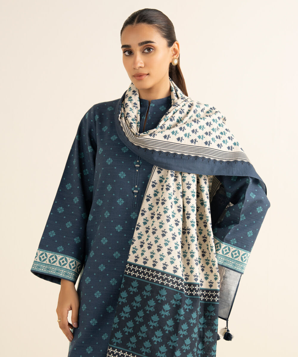Women's Unstitched Khaddar Printed Blue 2 Piece Suit