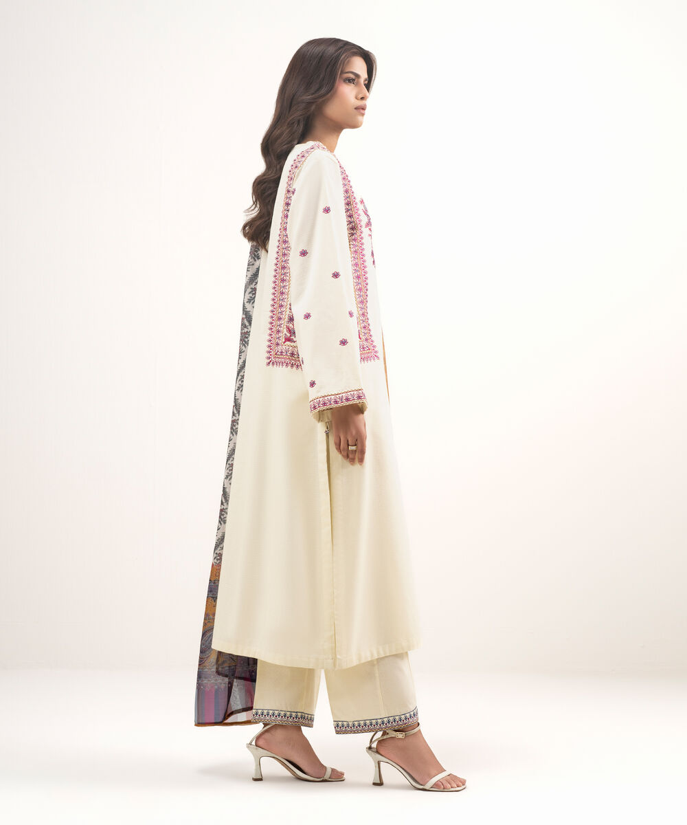 Women's RTW Dobby Embroidered Cream White 3 Piece Suit