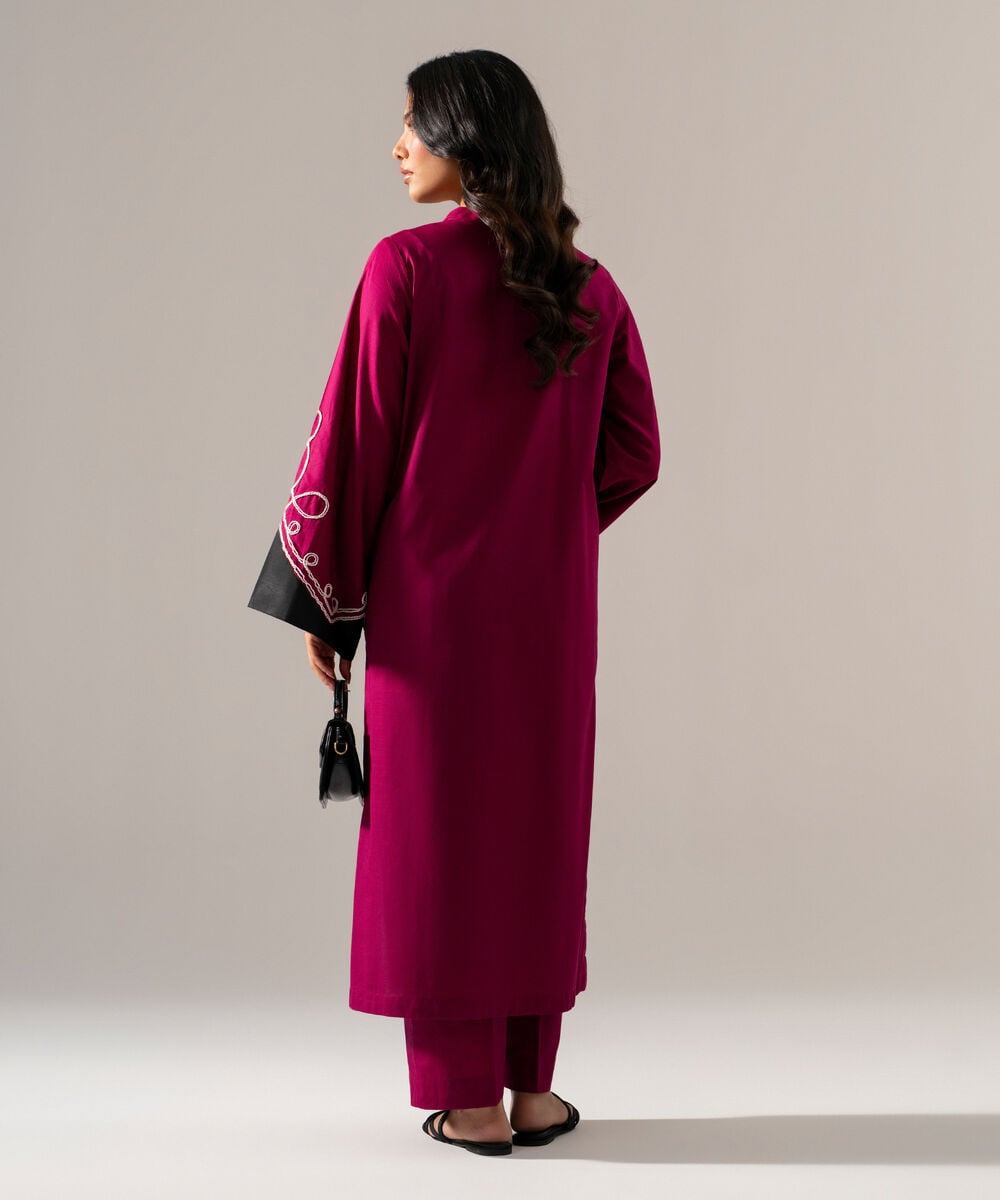 Women's RTW Cross Hatch Solid Embroidered Maroon Straight Shirt
