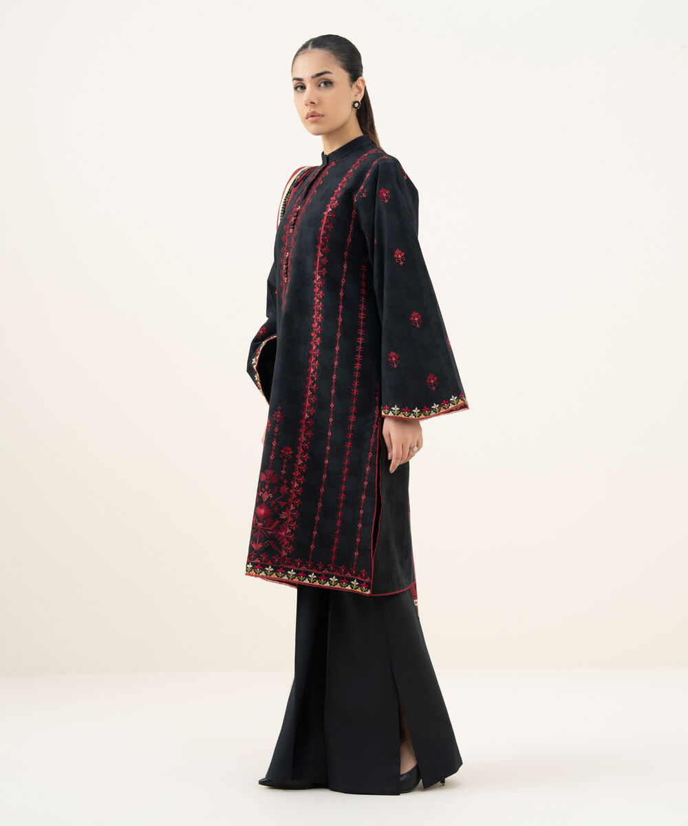 Women's Unstitched Embroidered Cotton Jacquard Black 3 Piece Suit